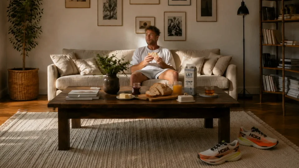 Un homme petit-déjeune sur son canapé, ses chaussures Hoka neuves attendent sur le tapis